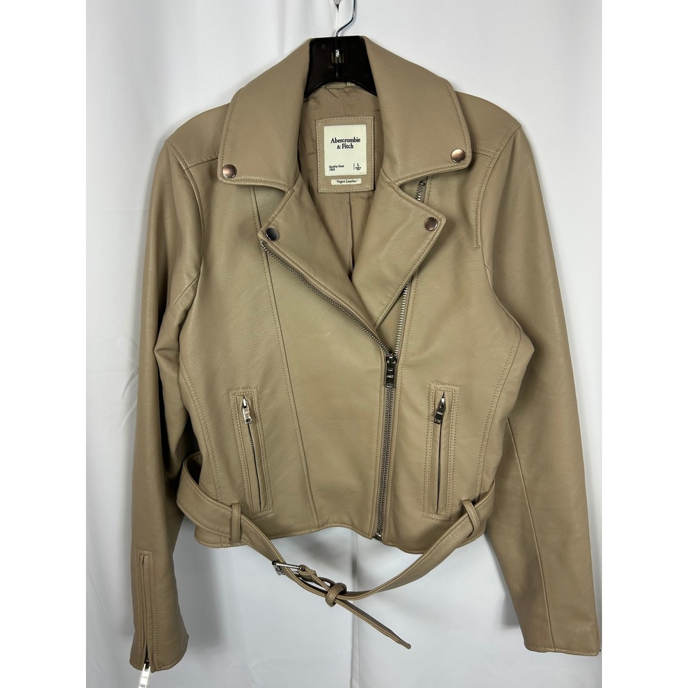 Abercrombie & Fitch Tan Vegan Leather Moto Biker Jacket Belted Edgy Chic Large